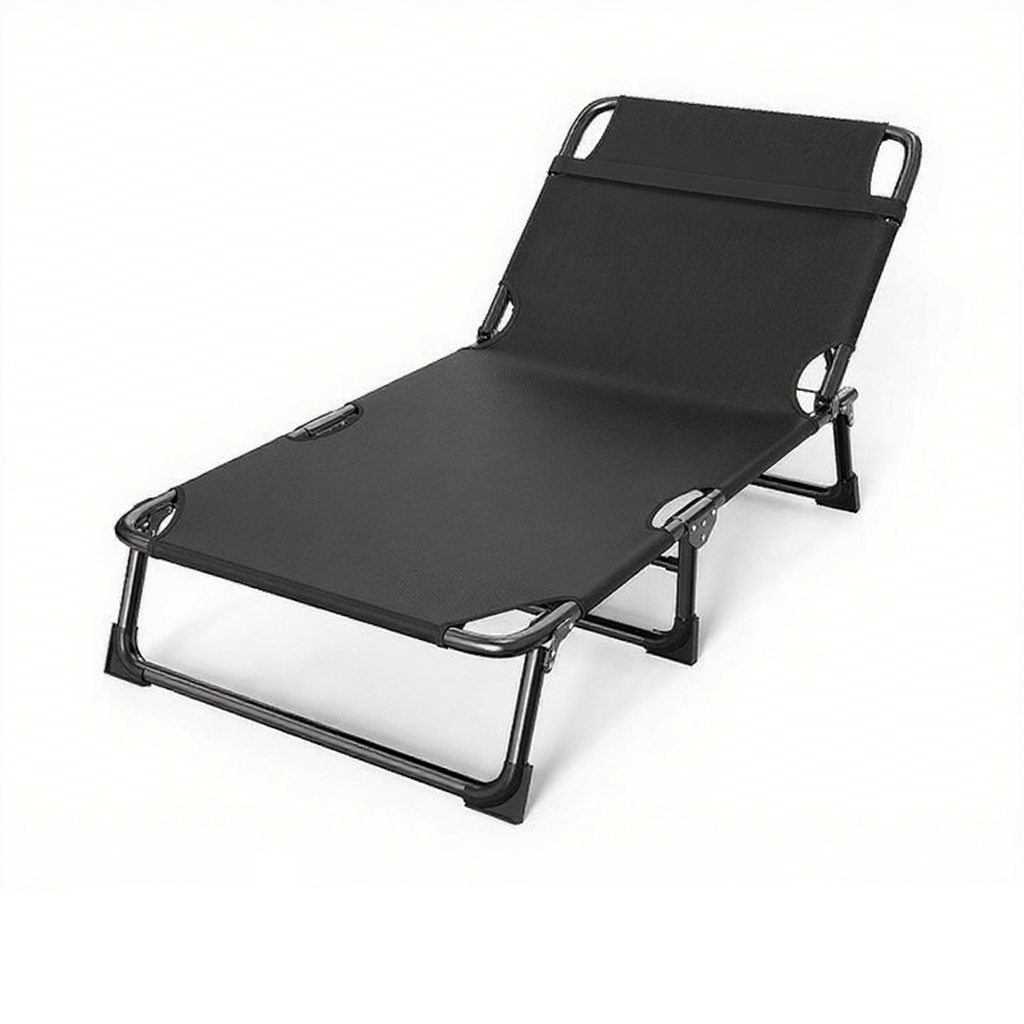 Black folding lounge chair on a white background