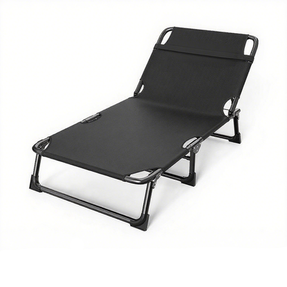 Black folding lounge chair on a white background