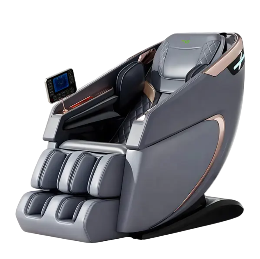A modern full-body zero gravity massage chair with a touchscreen remote control, highlighted by its sleek design and massage cushioning.