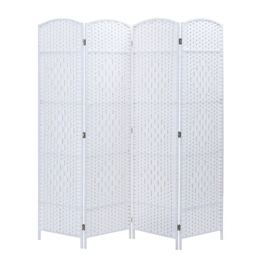 White woven room divider with five panels on a white background