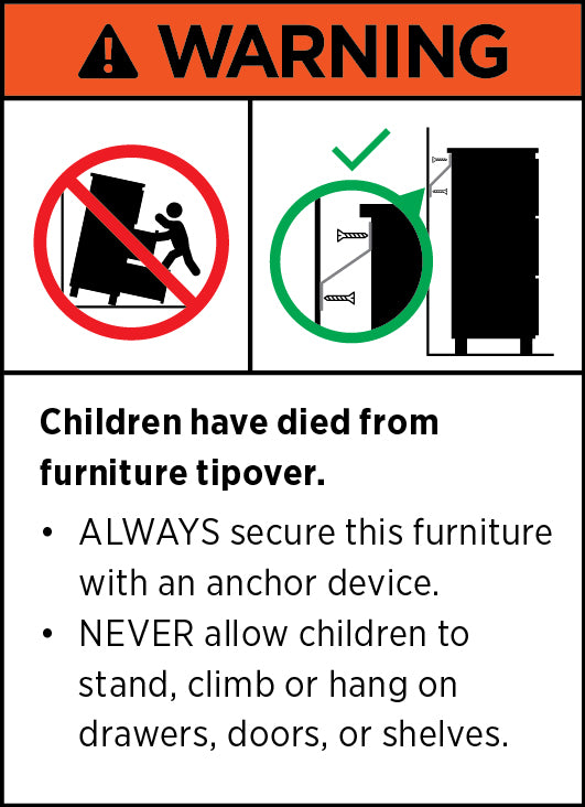 Safety warning sign about furniture tipover risks with icons and text.