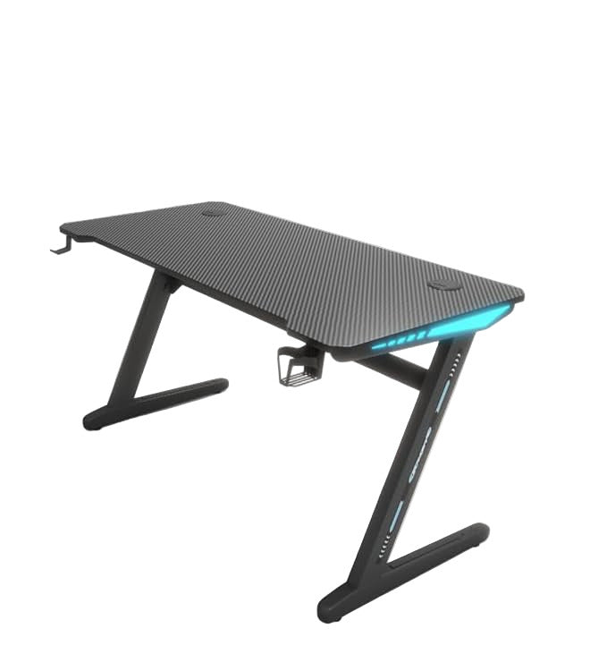 A black gaming desk with Z-shaped legs and a carbon fiber surface, equipped with an LED light on the edge.