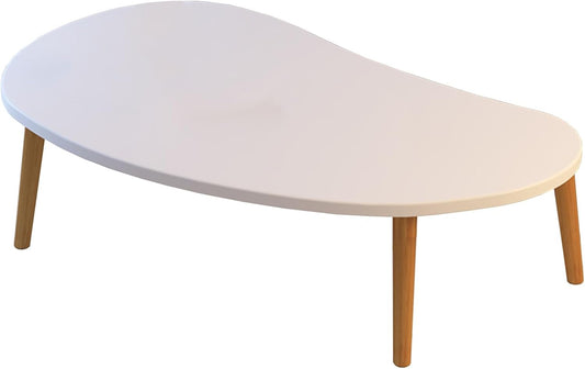 White wavy coffee table with wooden legs on a white background