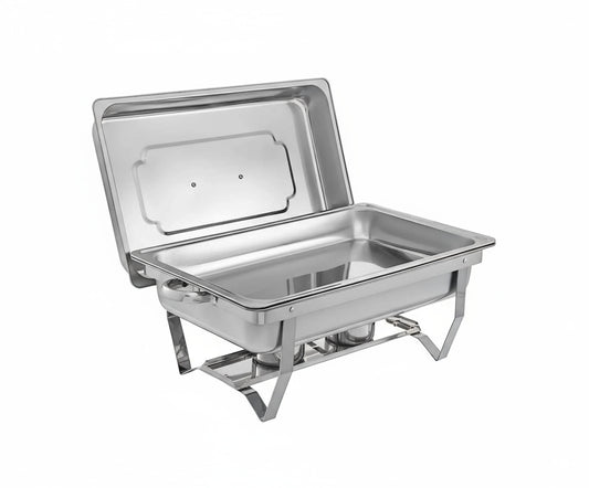 Stainless steel chafing dish with lid on a white background