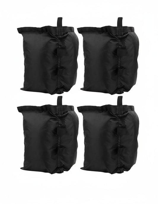 Four black sandbags stacked together on a white background