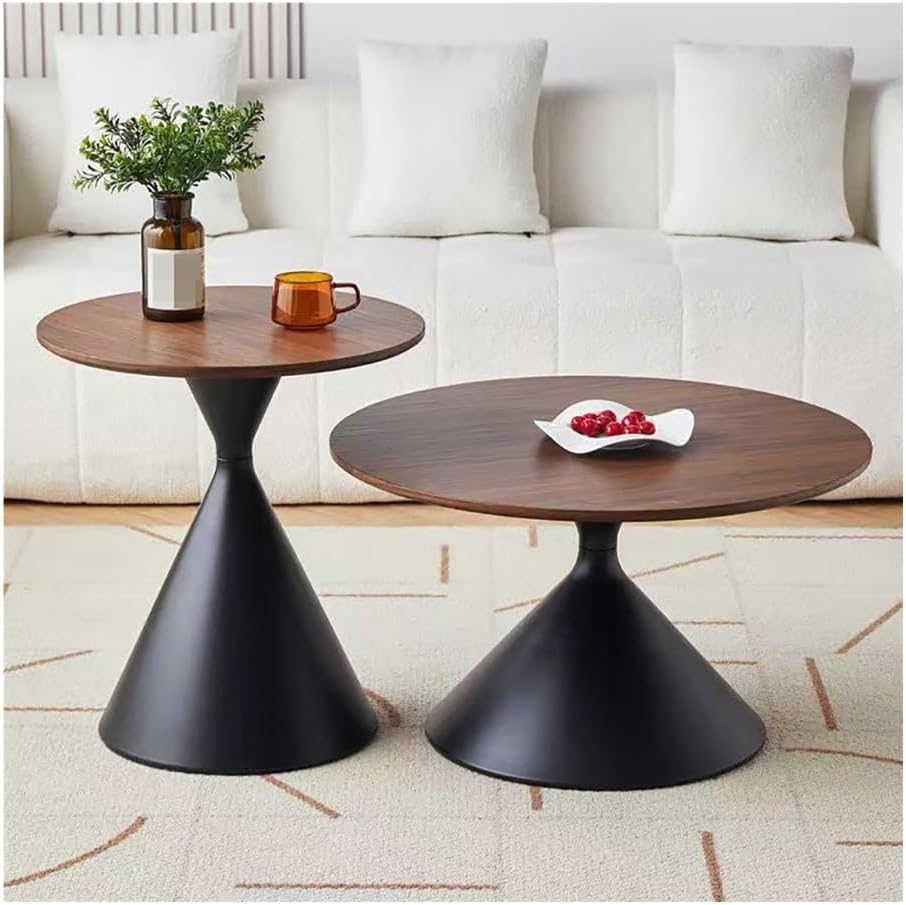 Two wooden side tables with black metal legs in a living room setting.