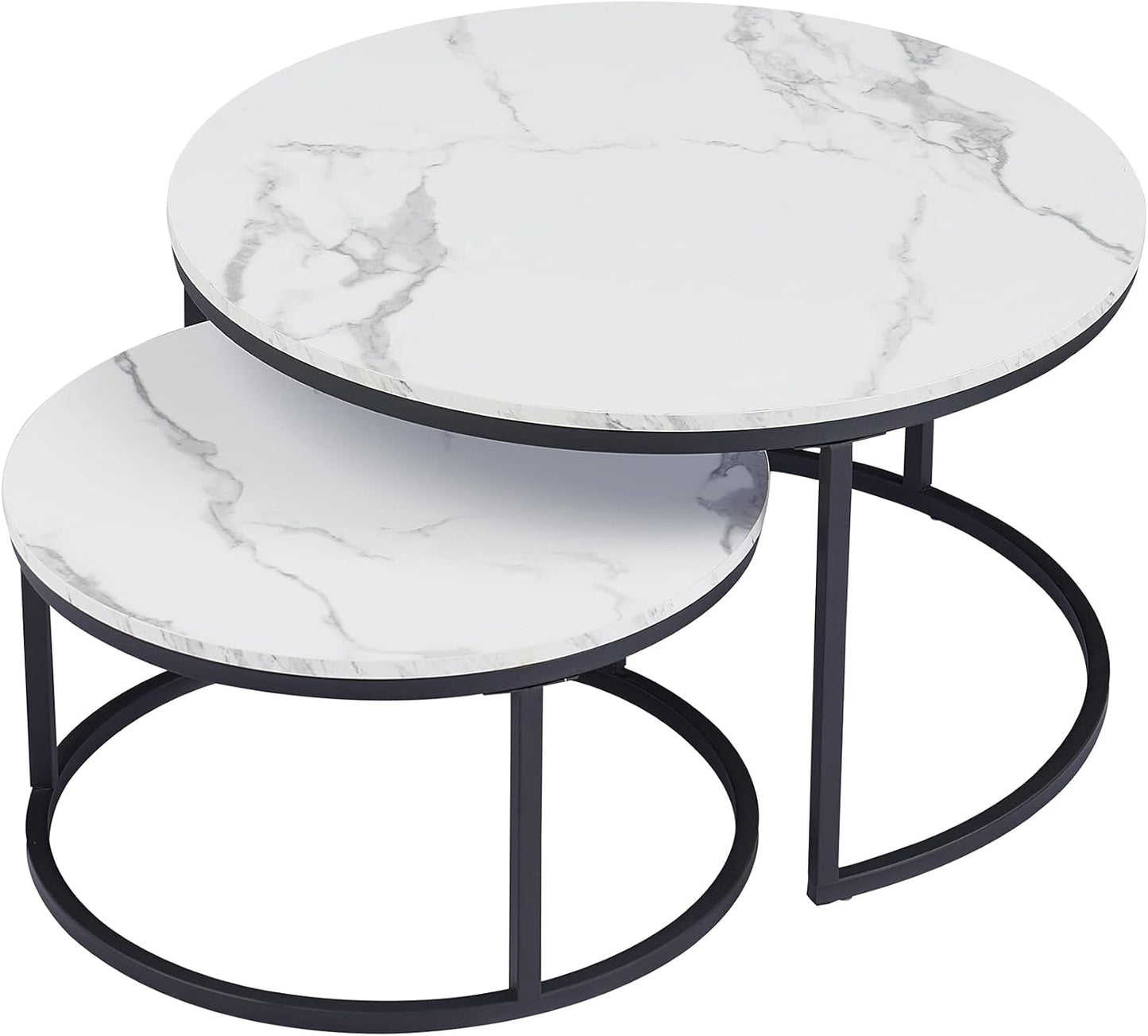 Set of two round marble coffee tables with black metal frames on a white background
