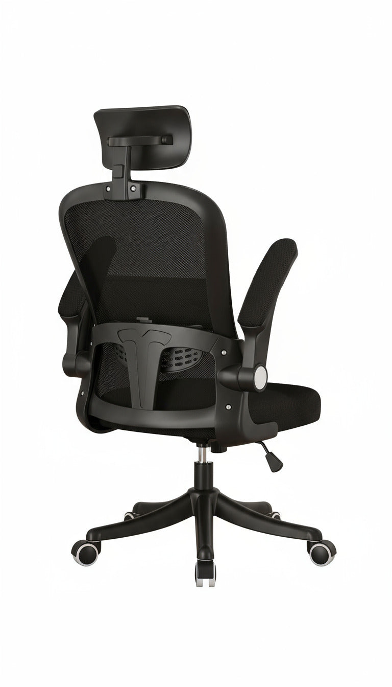 Black office chair with mesh backrest on a white background