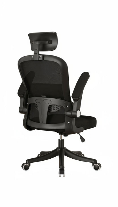 Black office chair with mesh backrest on a white background