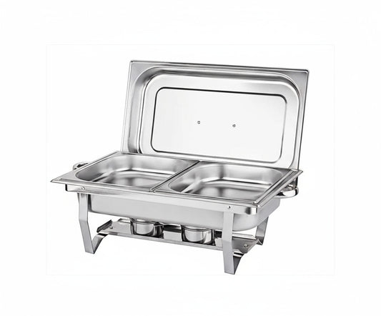 Stainless steel hot food tray with cover on a white background