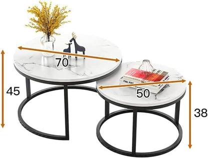 Set of two round coffee tables with measurements indicated on a white background