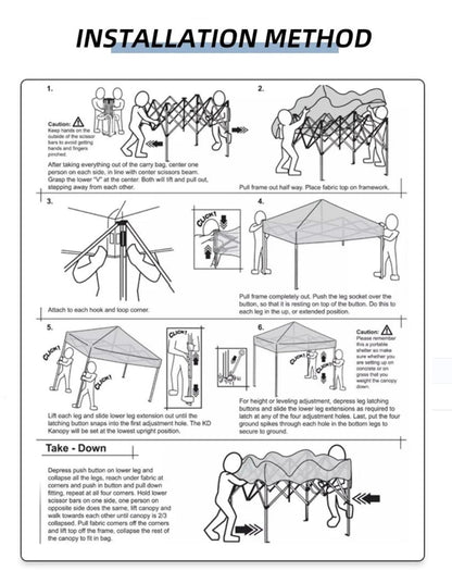 Step-by-step installation guide for a canopy with illustrations and text.