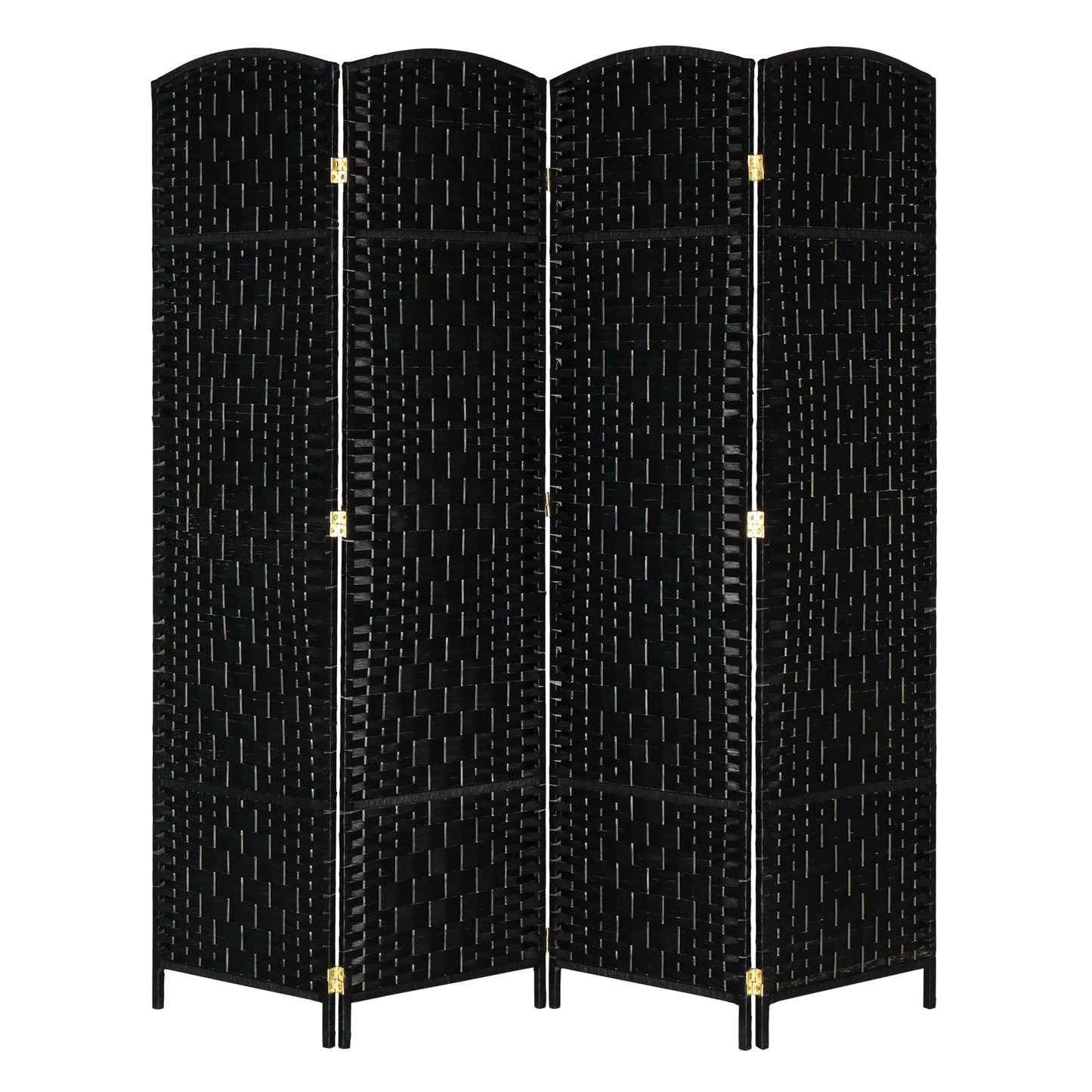 Black woven room divider with gold accents on a white background