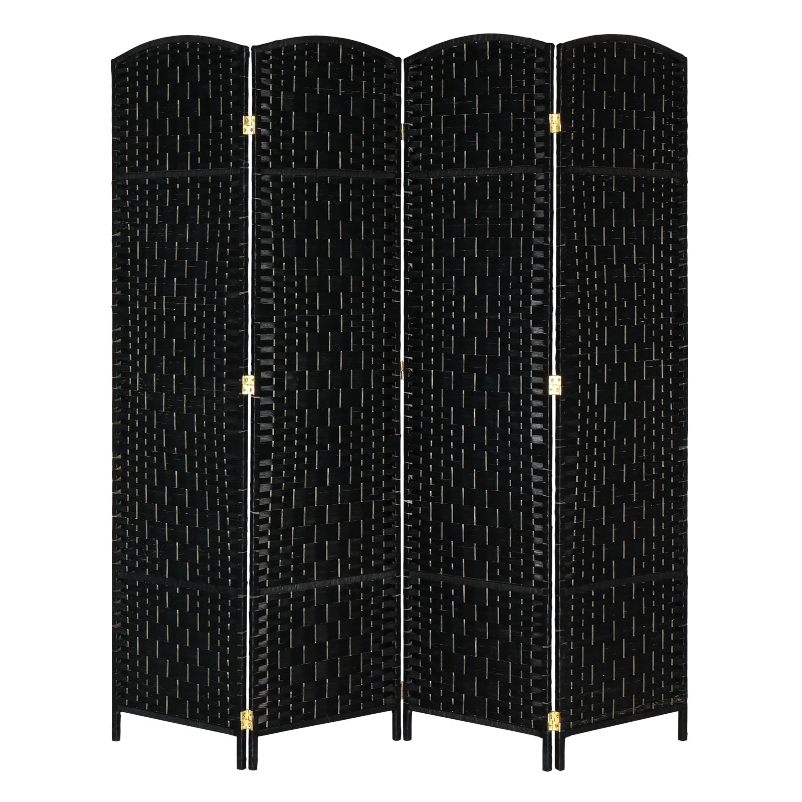 Black woven room divider with gold accents on a white background