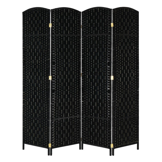 Black woven room divider with gold accents on a white background