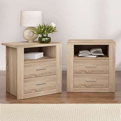 2X Bedside Table 2 Drawers with Shelf - TARA Oak