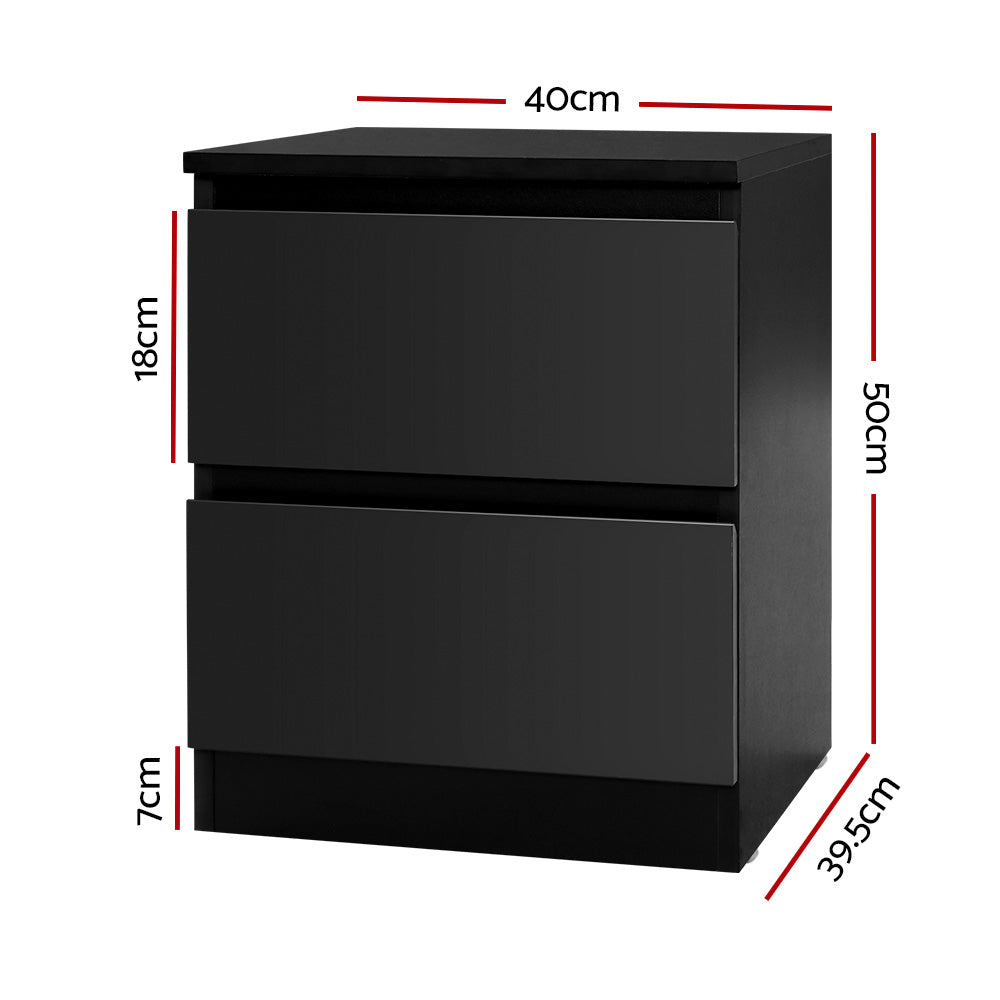 2x Bedside Table 2 Drawers - Black