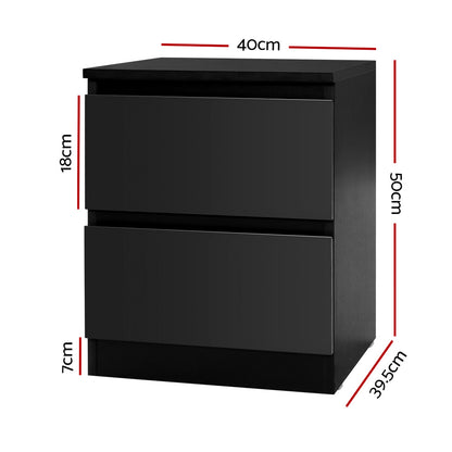2x Bedside Table 2 Drawers - Black