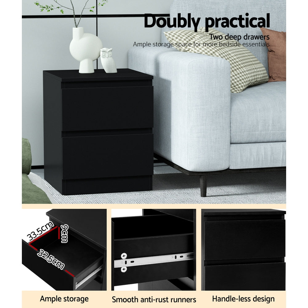2x Bedside Table 2 Drawers - Black