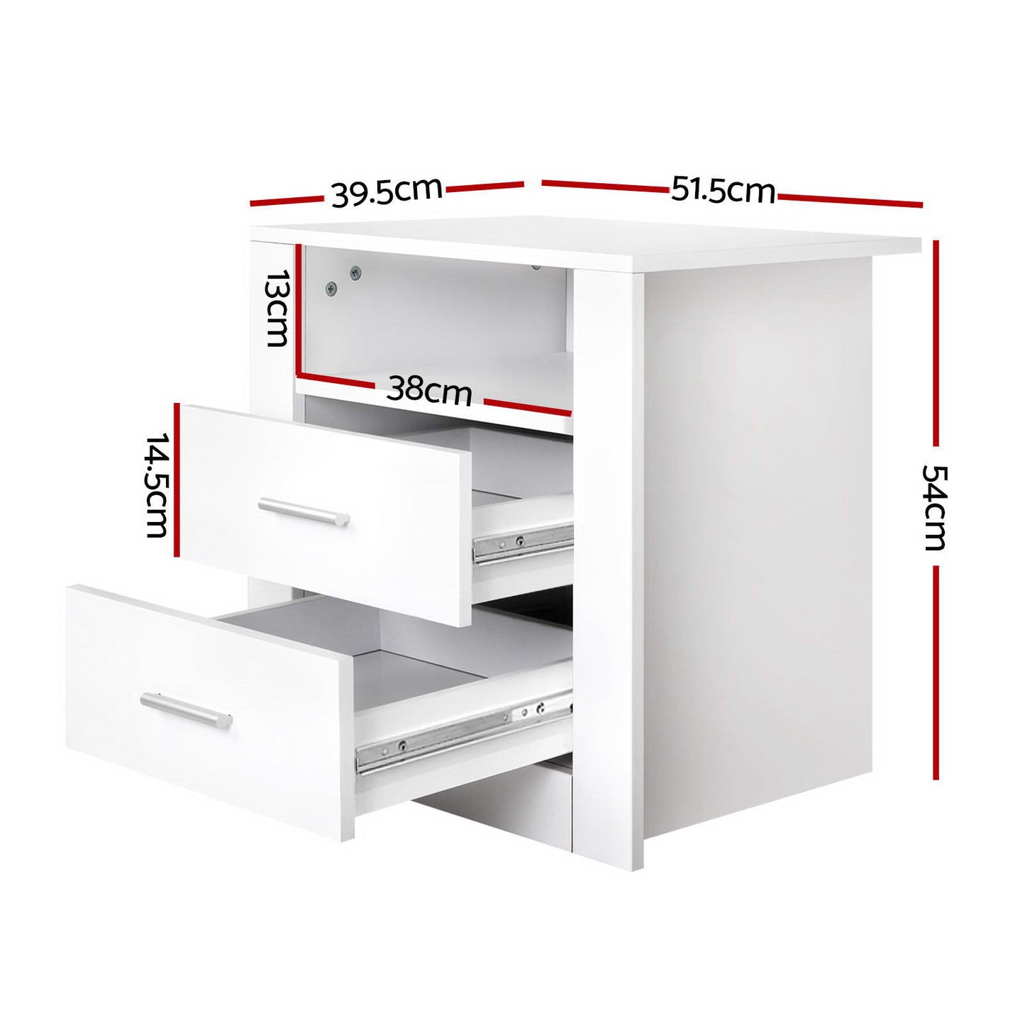 2 X Bedside Table 2 Drawers with Shelf - TARA White