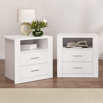 2 X Bedside Table 2 Drawers with Shelf - TARA White