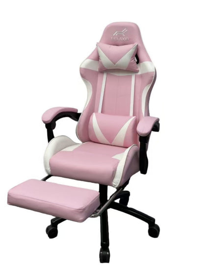 Black and white gaming chair with headrest and footrest, featuring an ergonomic design with a gas lift, cushion, and a steel backrest.