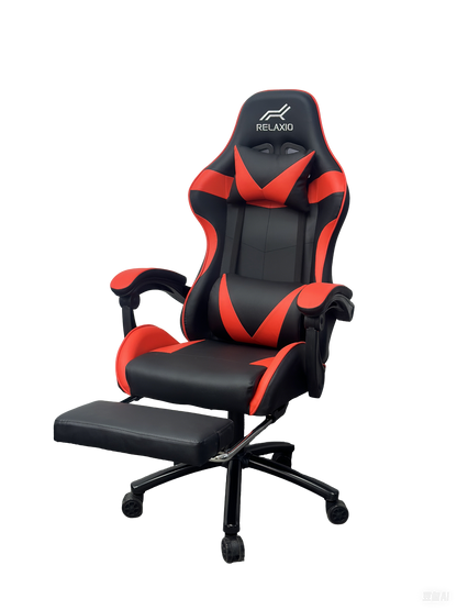 Black and white gaming chair with headrest and footrest, featuring an ergonomic design with a gas lift, cushion, and a steel backrest.