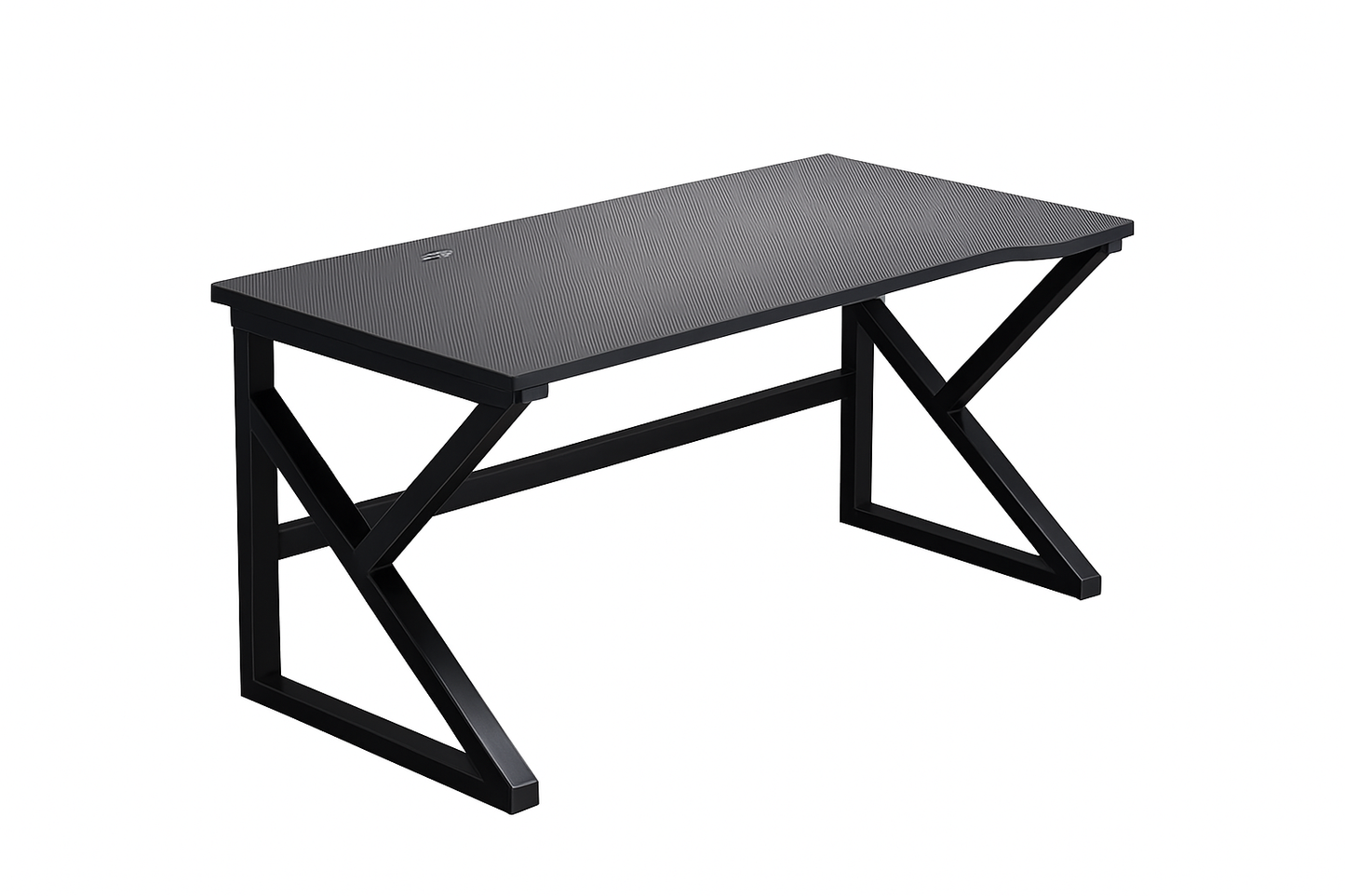 Black desk with X-shaped metal legs on a white background