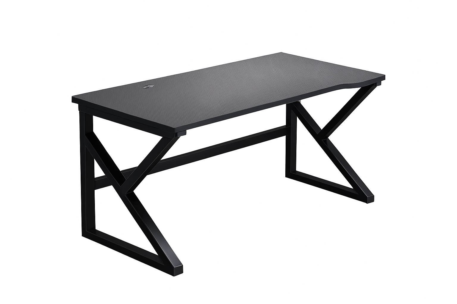 Black desk with X-shaped metal legs on a white background