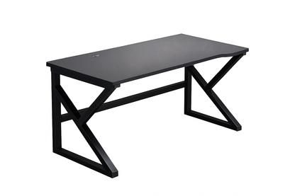 Black desk with X-shaped metal legs on a white background