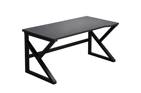 Black desk with X-shaped metal legs on a white background