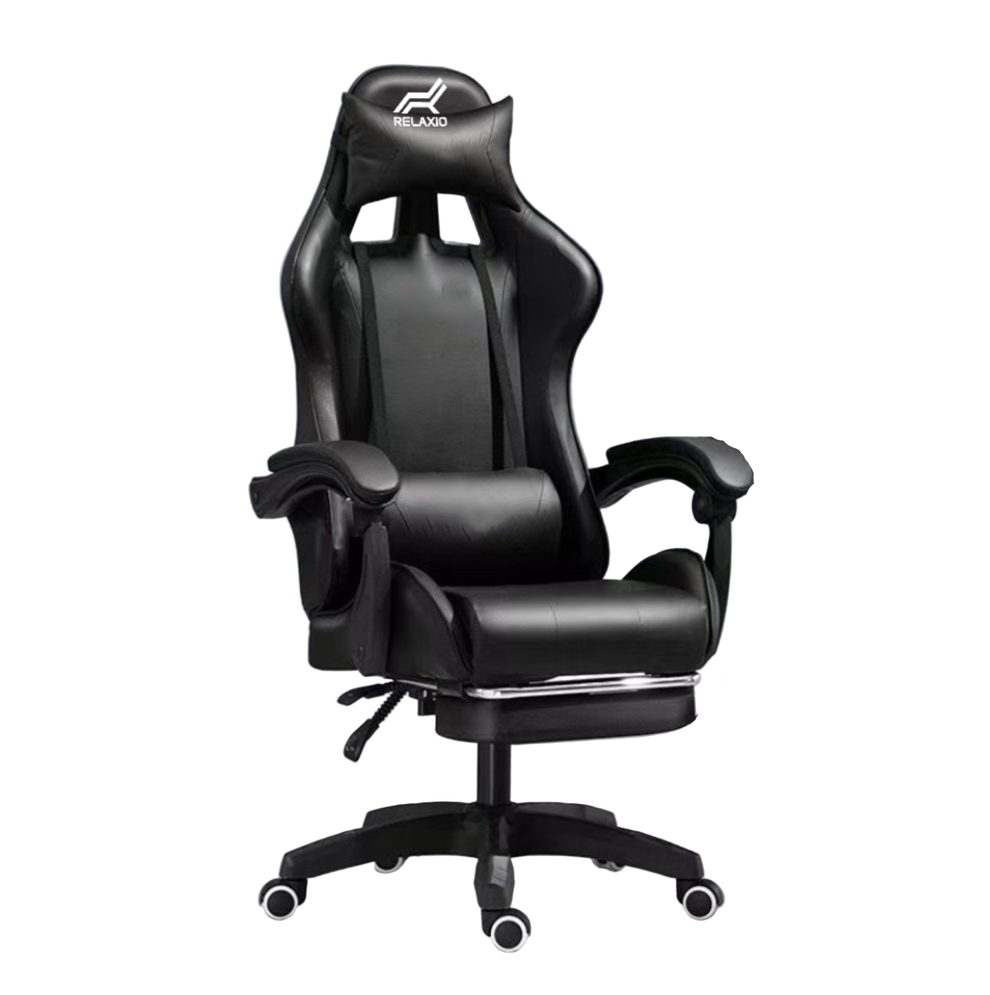 Black office chair with 'Relaxo' logo in a room with a desk and decor.