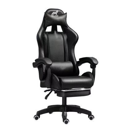 Black office chair with 'Relaxo' logo in a room with a desk and decor.