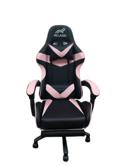Black and pink gaming chair with 'Relaxio' branding on a white background