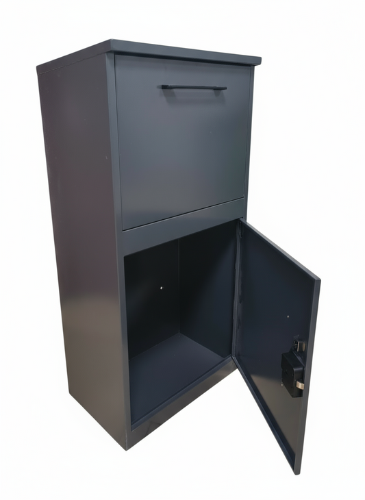 Dark gray metal cabinet with open door on a white background