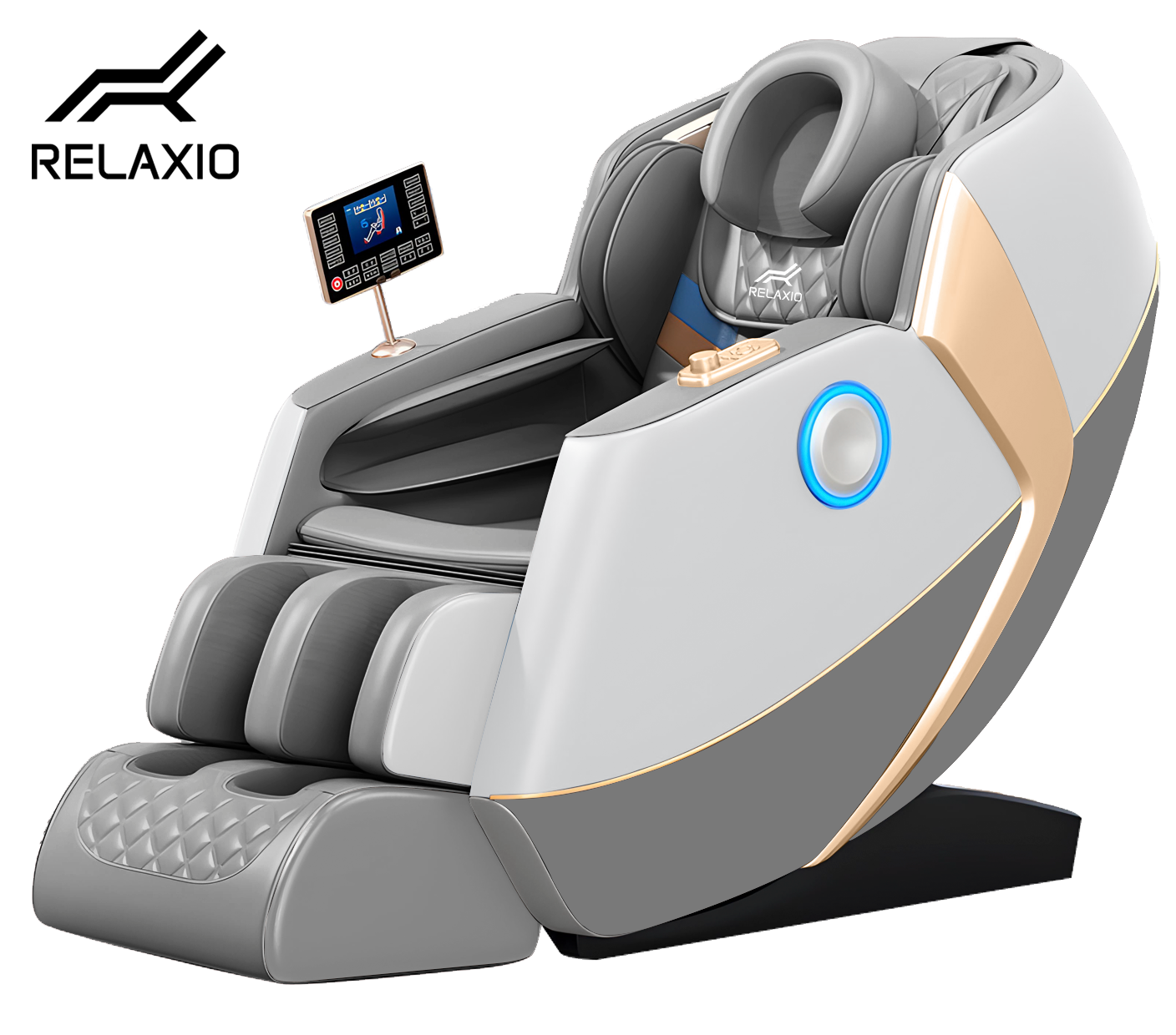 A modern recliner full body zero gravity massage chair with a white and gray color scheme, featuring a digital display and massage cushioning.
