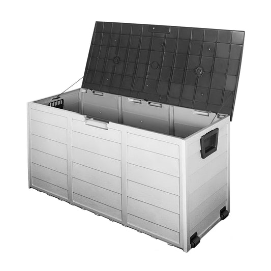 Large outdoor storage box with a black lid on a white background