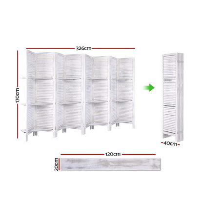 8 Panel Room Divider Screen 326x170cm Shelf White