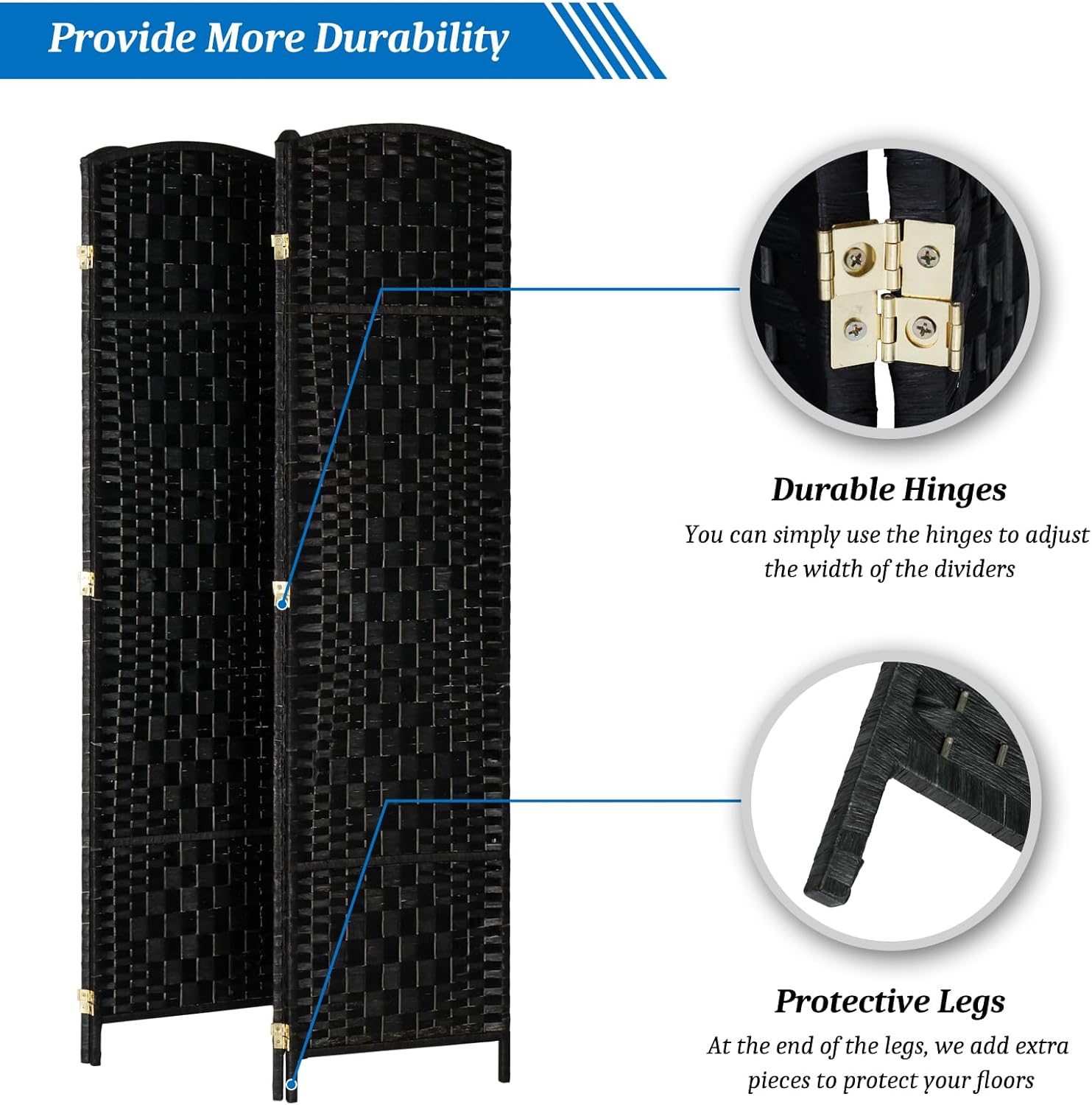 Black woven room divider with durable hinges and protective legs, labeled on a white background.