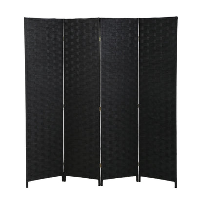 Black four-panel room divider on a white background
