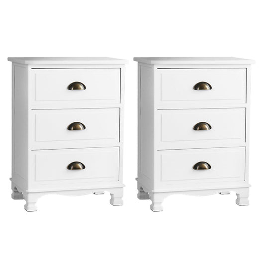 2x Bedside Table 3 Drawers Vintage - THYME White