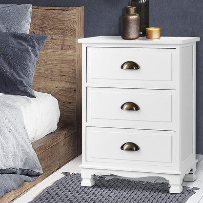 2x Bedside Table 3 Drawers Vintage - THYME White