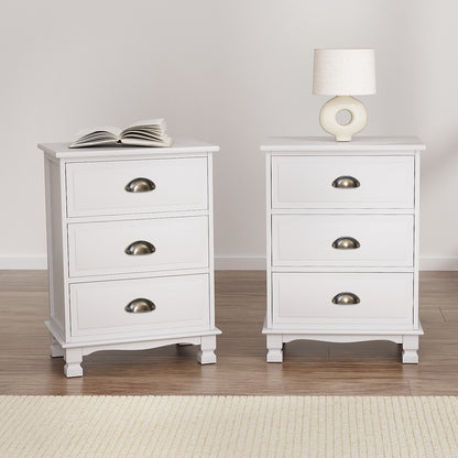 2x Bedside Table 3 Drawers Vintage - THYME White