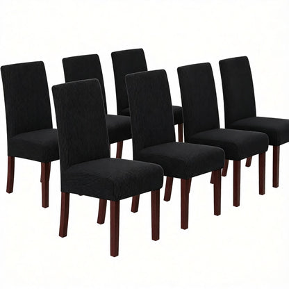 Stretch Full Cover Chair Cover 6-Pack - Waterproof Anti-Slip Elastic Seat Protector for Dining Room Hotel - Thick Warm Waffle Texture - Black (6-Pack)