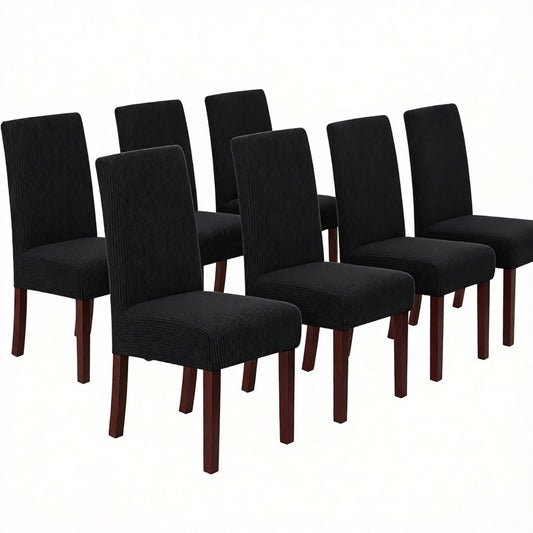 Stretch Full Cover Chair Cover 6-Pack - Waterproof Anti-Slip Elastic Seat Protector for Dining Room Hotel - Thick Warm Waffle Texture - Black (6-Pack)