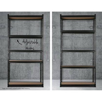 Two metal shelving units with adjustable beams on a gray background