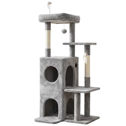 Gray cat tree with multiple levels and a ball on a white background