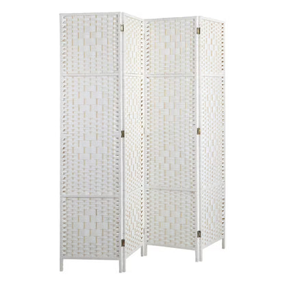 White woven room divider with gold accents on a white background