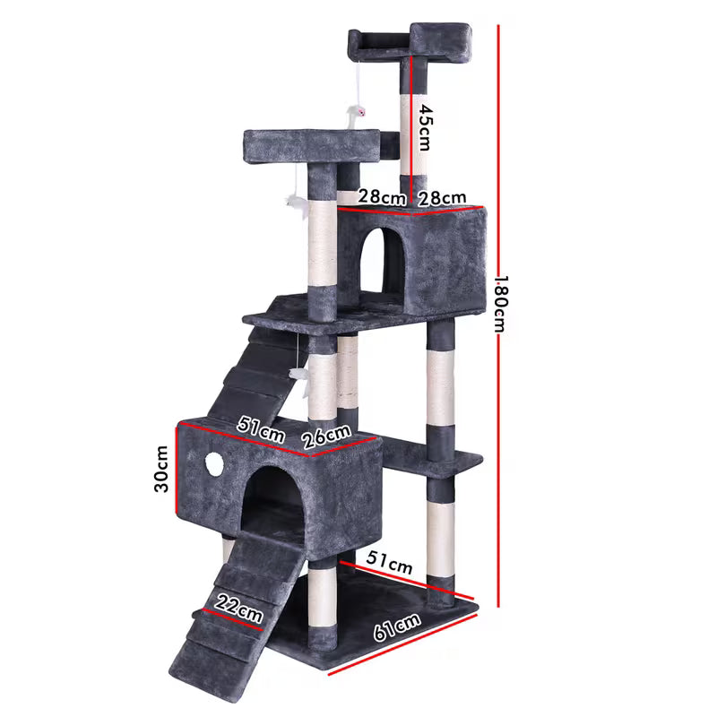 Cat tree with dimensions labeled on a white background
